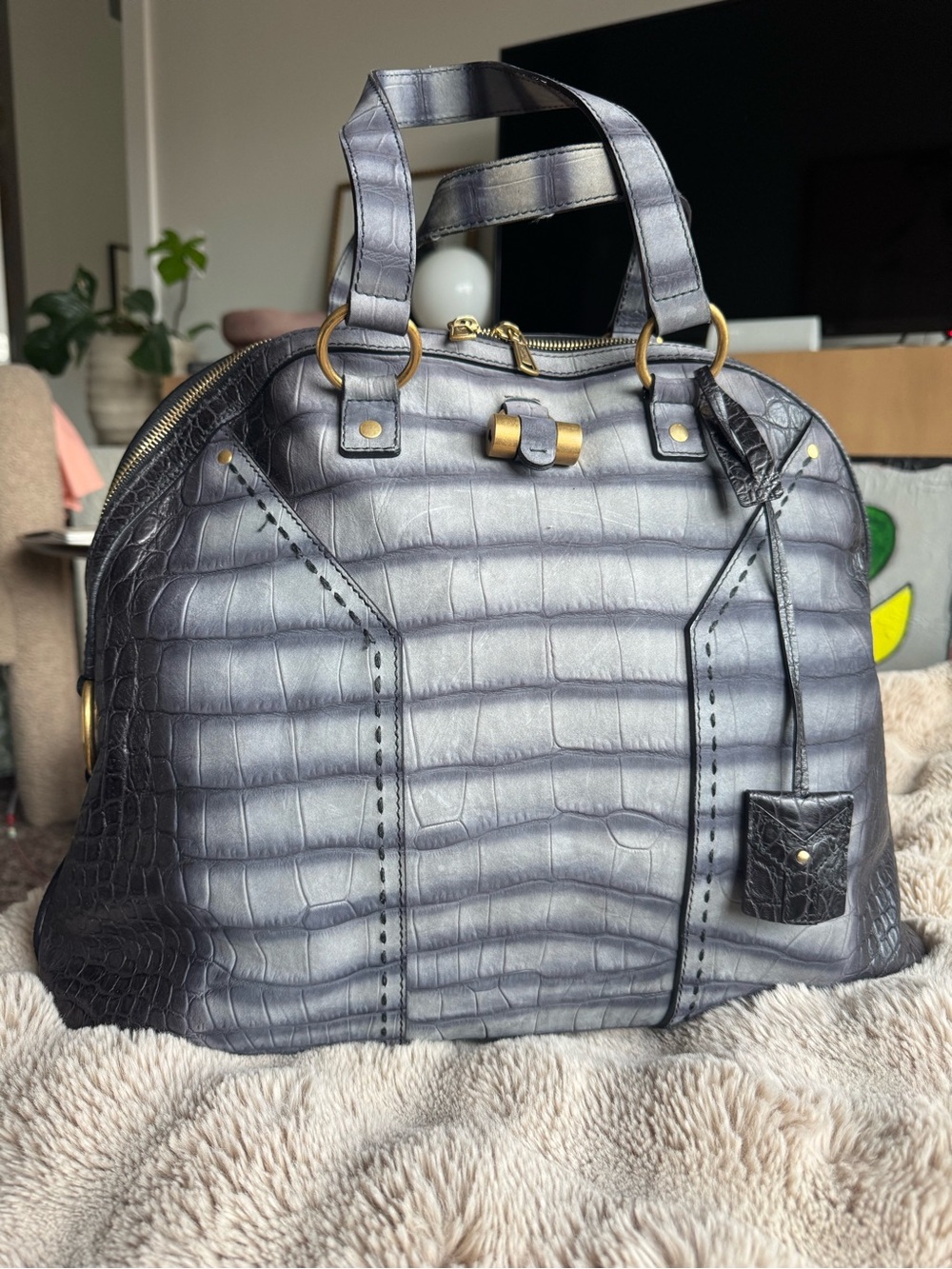 YSL Croc-Embossed Muse Two Large Satchel Bag